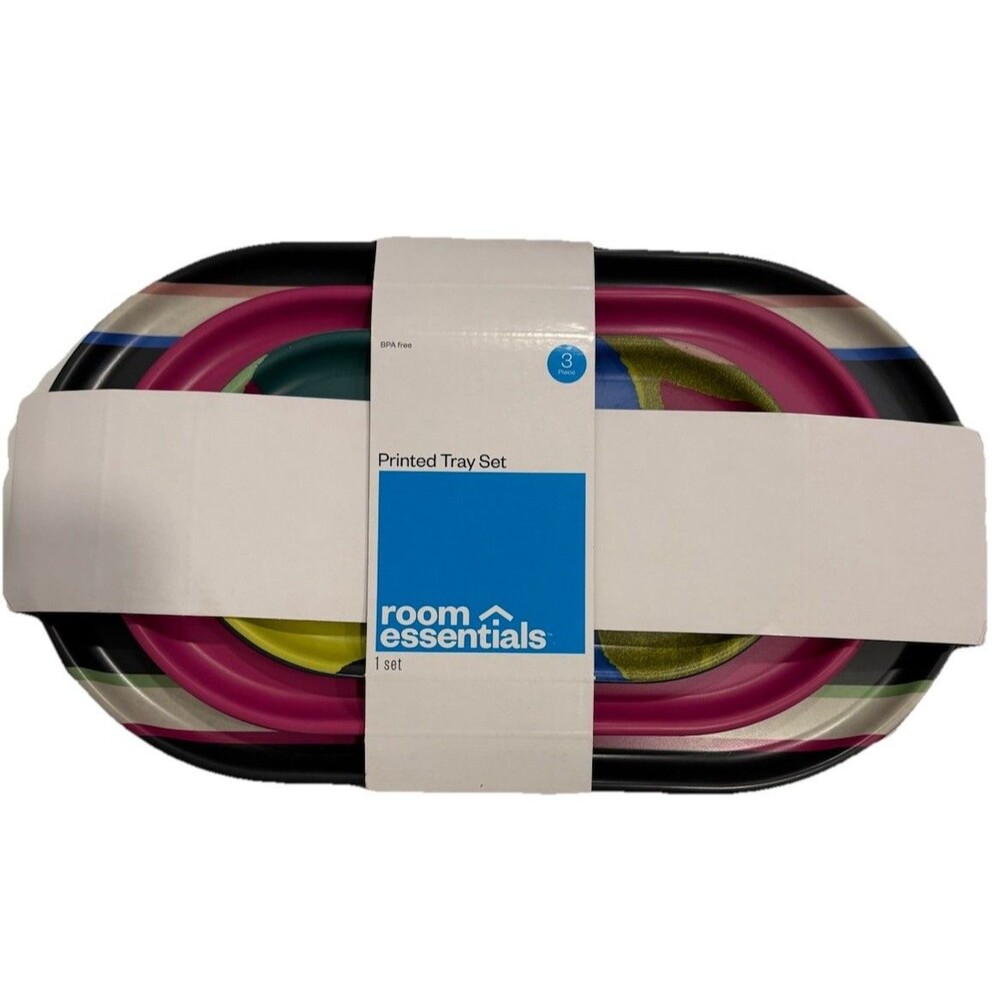 Room Essentials 3 Piece Serving Tray Set Bamboo Melamine Printed BPA-Free